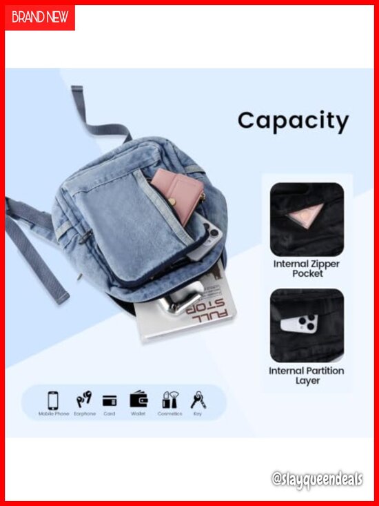 Denim Mini Backpack Women 7 Pockets Adjustable Shoulder Straps Travel Daypack main image 5
